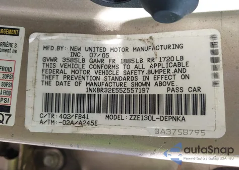 2005 Toyota Corolla Le from USA, damaged, VIN 1NXBR32E55Z557197